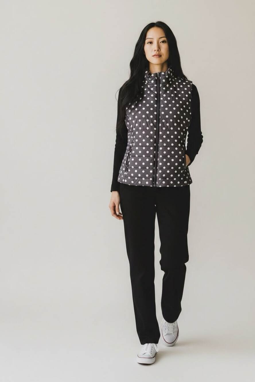 Talbots Polka Dot Quilted Vest Womens L Gray Cream Full Zip Pockets Preppy
